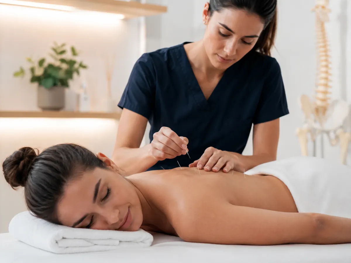 Acupuncturist placing fine needles along a patient’s back during a calming treatment session.