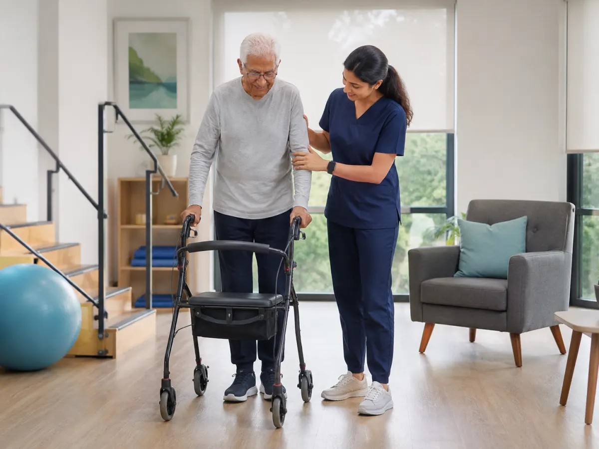 Clinician supporting an older patient using a rollator walker in a bright rehab space.