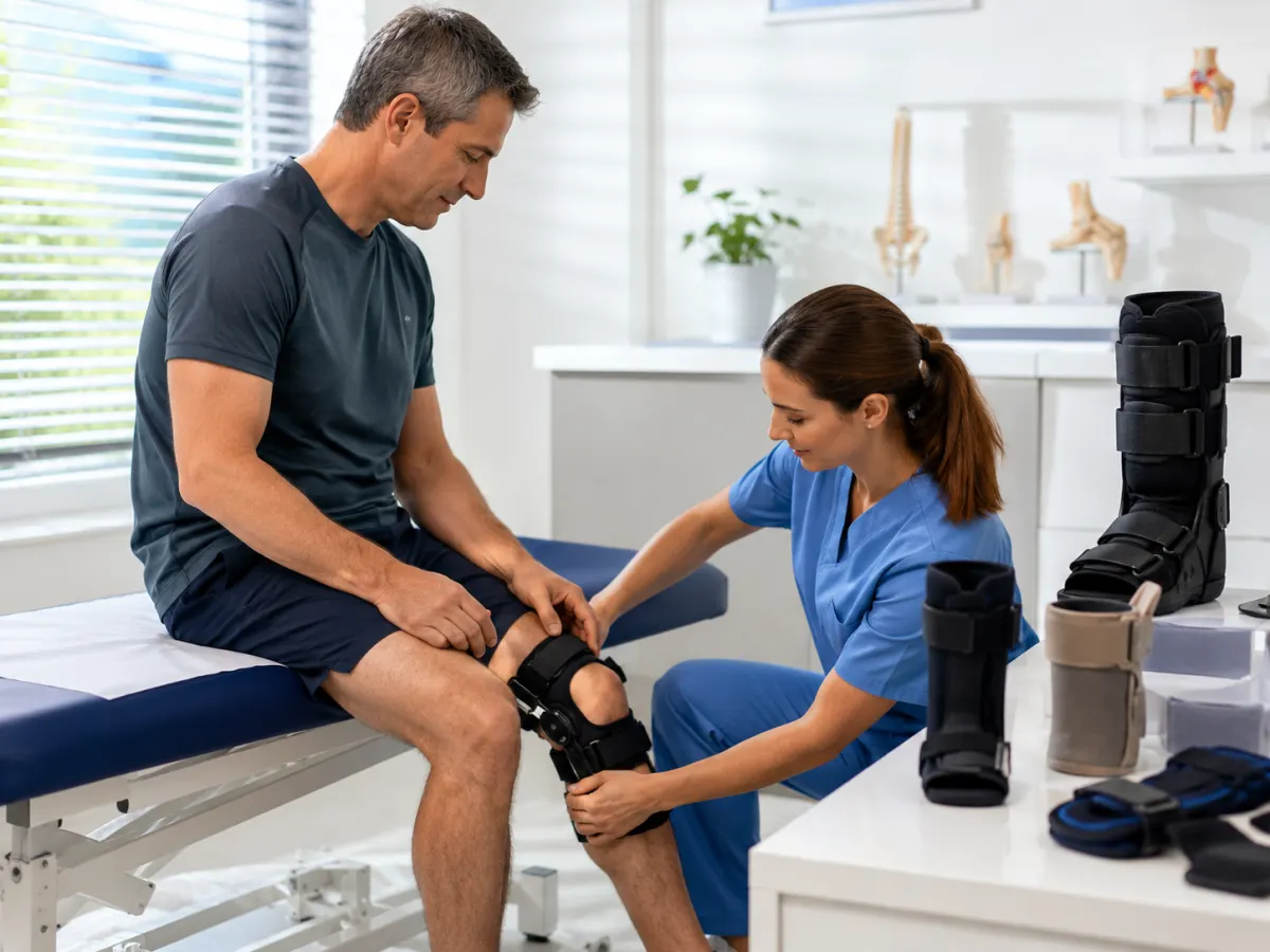 Clinician fitting a hinged knee brace, with a walking boot and ankle braces visible nearby.