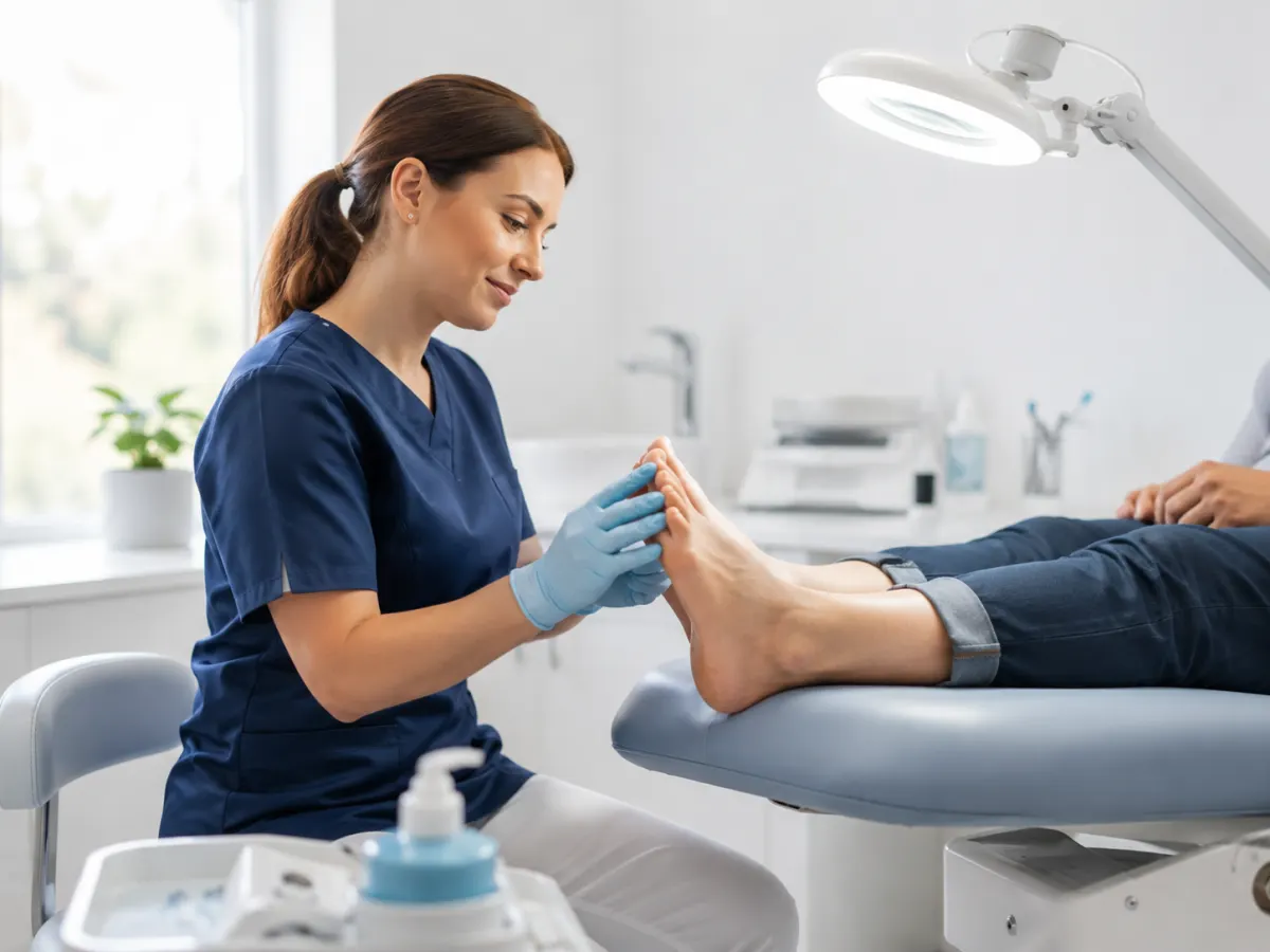 Chiropodist examining a patient’s foot under a magnifying lamp during a podiatry appointment.