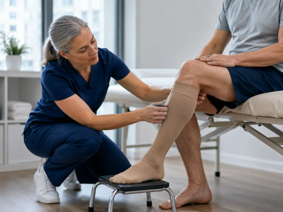 Practitioner measuring and fitting a graduated compression stocking on a patient.