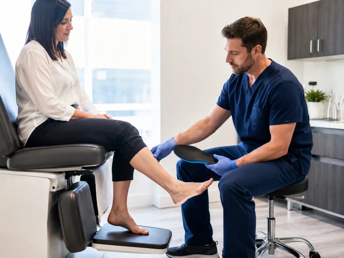 Clinician fitting a custom foot orthotic insole for a seated patient.