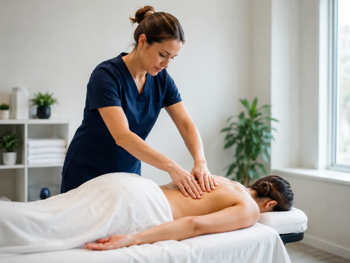 Registered Massage Therapist performing back massage on a relaxed patient in a tranquil treatment room.