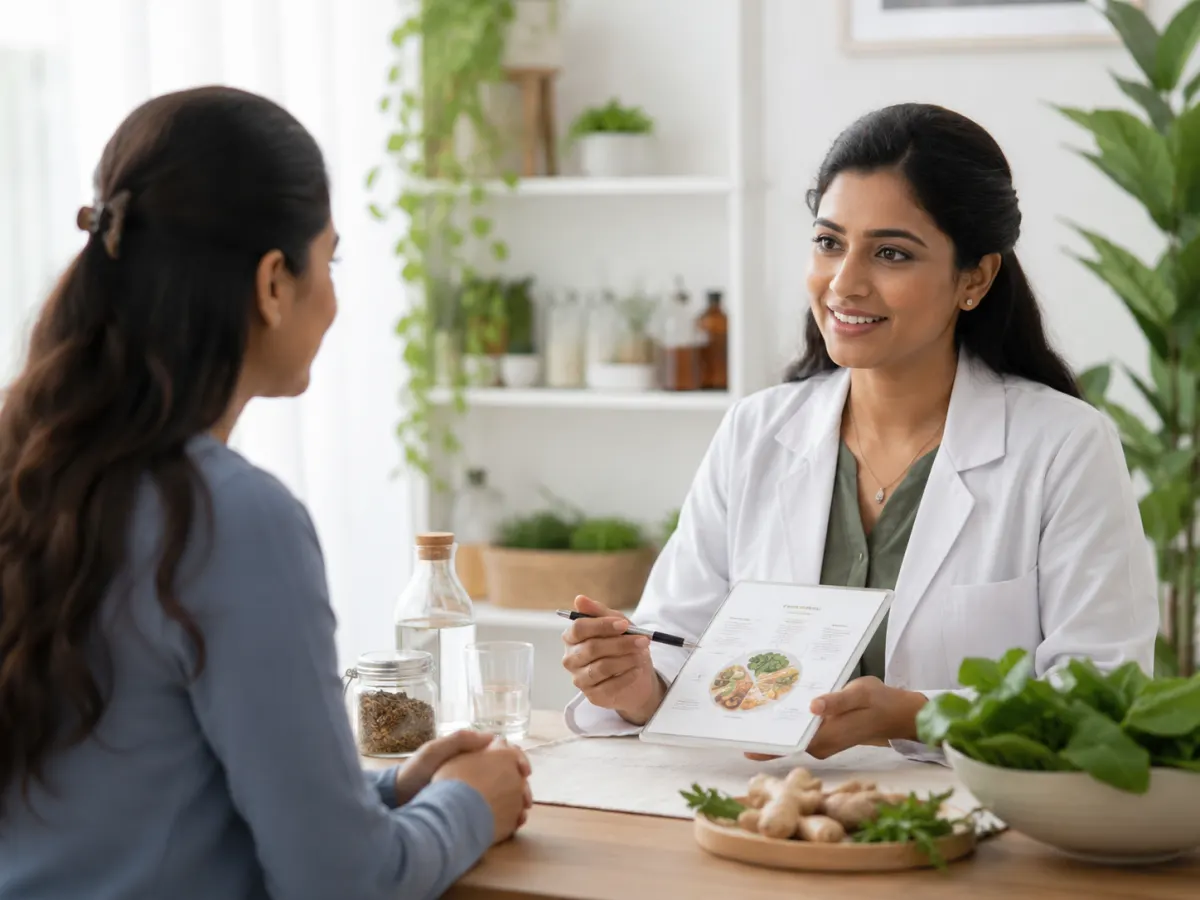 Naturopathic doctor consulting with a patient surrounded by fresh herbs, plants, and a nutrition guide.