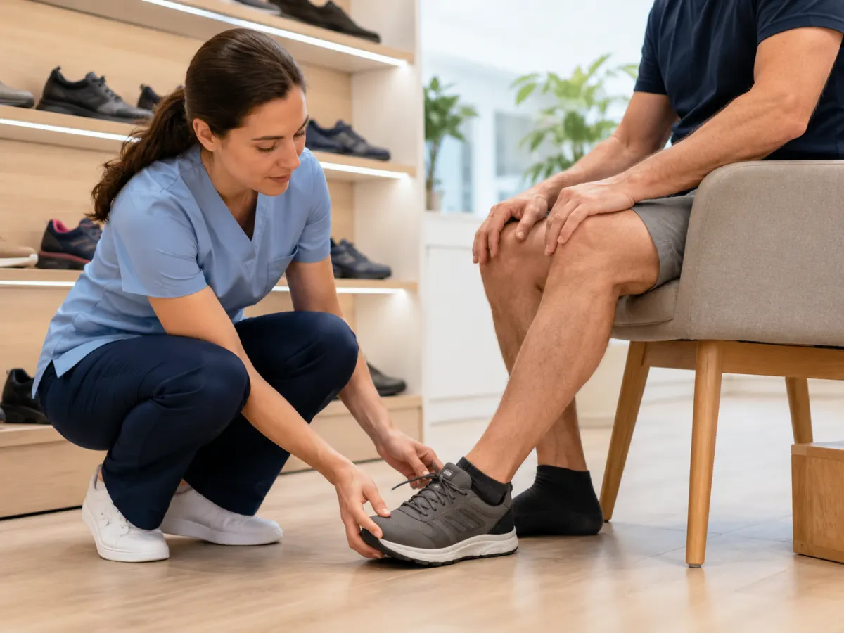Specialist fitting orthopedic athletic shoes for a patient with a wall of footwear in the background.