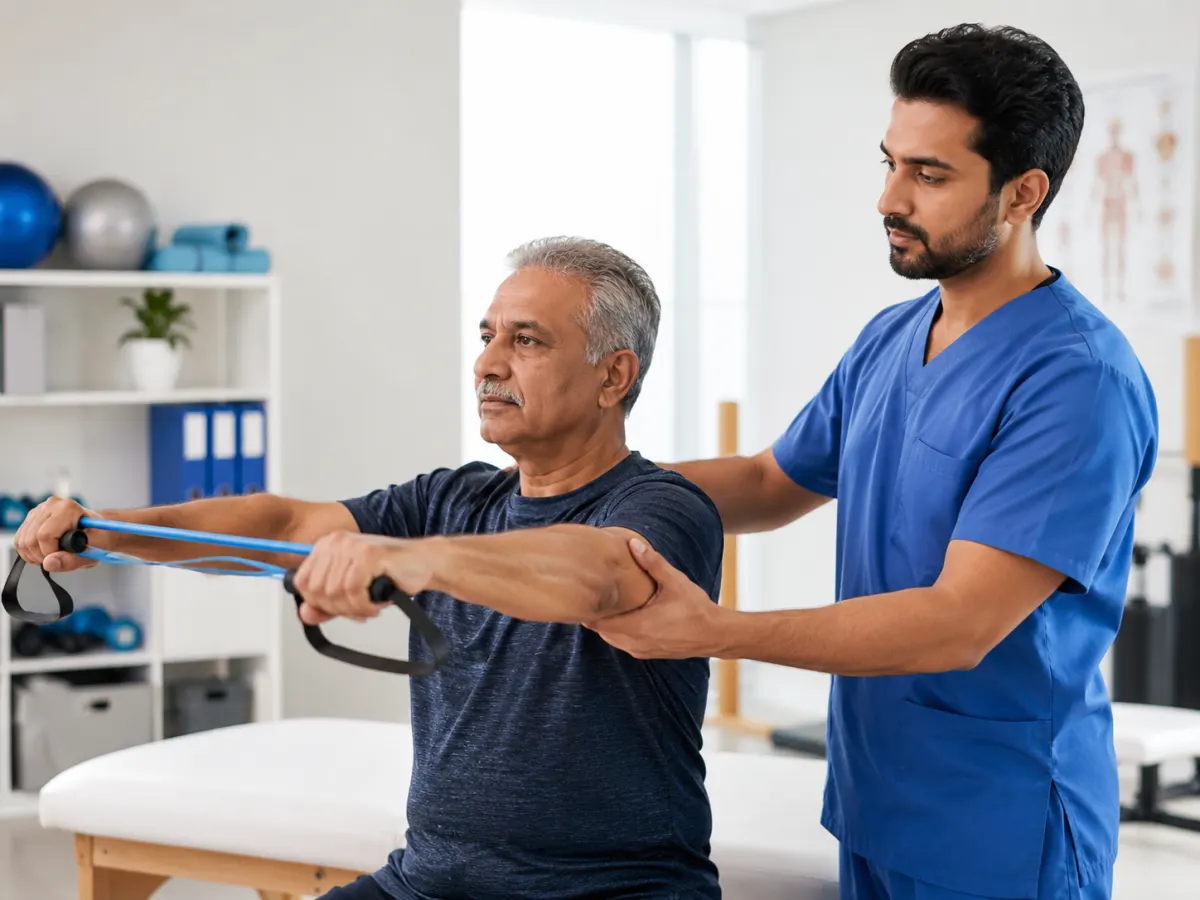 Physiotherapist guiding a patient through resistance-band exercise in a rehab gym.