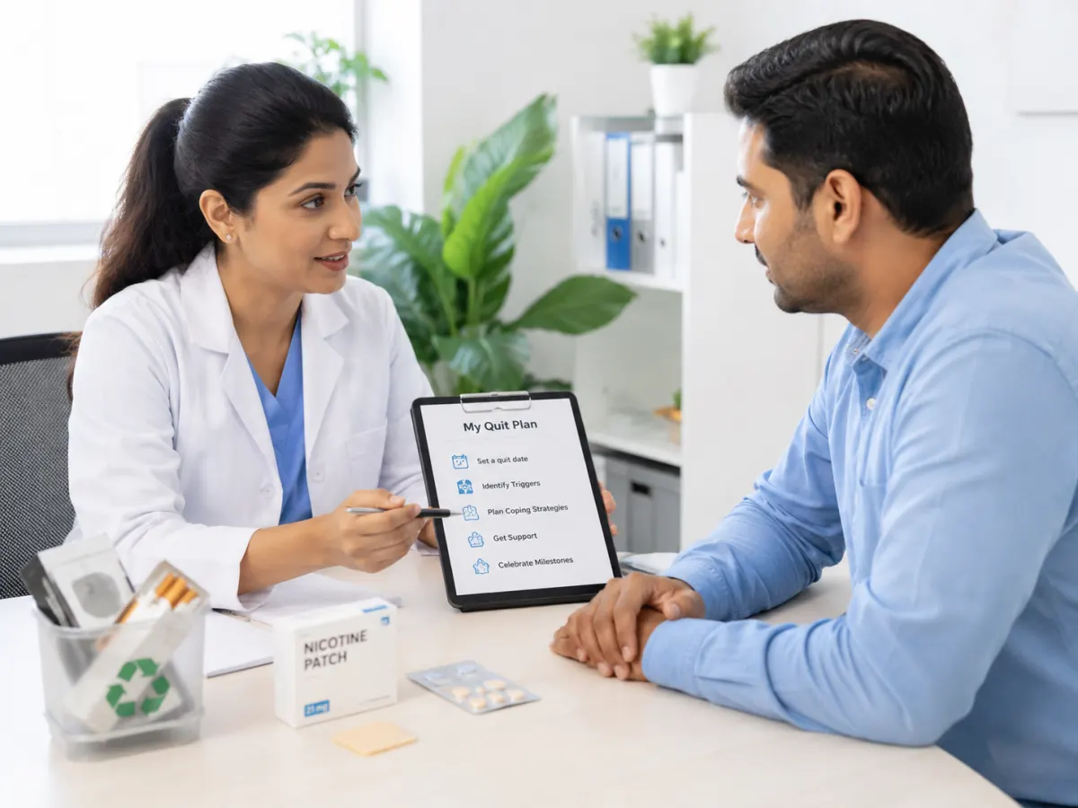 Practitioner reviewing a personalized quit plan with a patient alongside cessation support materials.